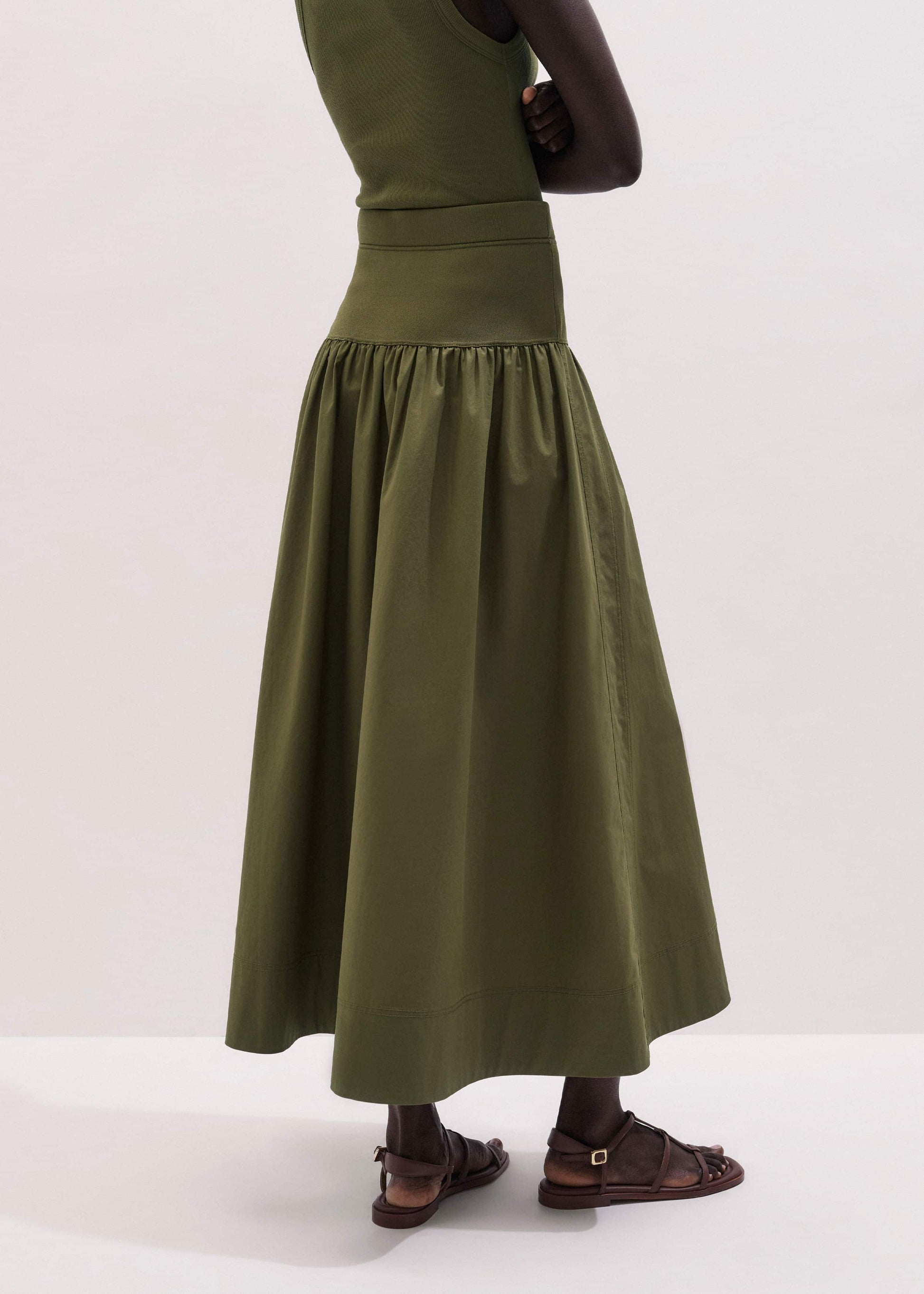 Olive Green Mixed Media Maxi Skirt