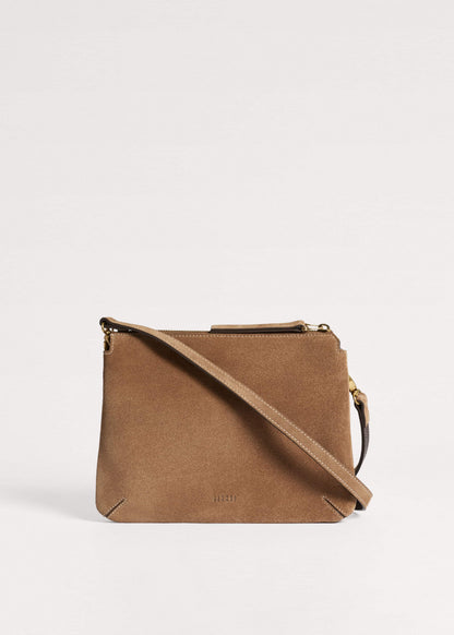 Brown Suede Double Pouch Crossbody Bag