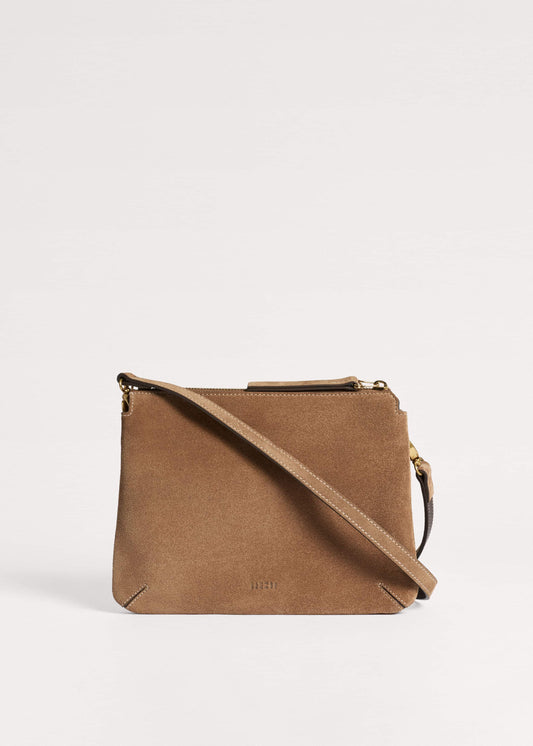 Brown Suede Double Pouch Crossbody Bag