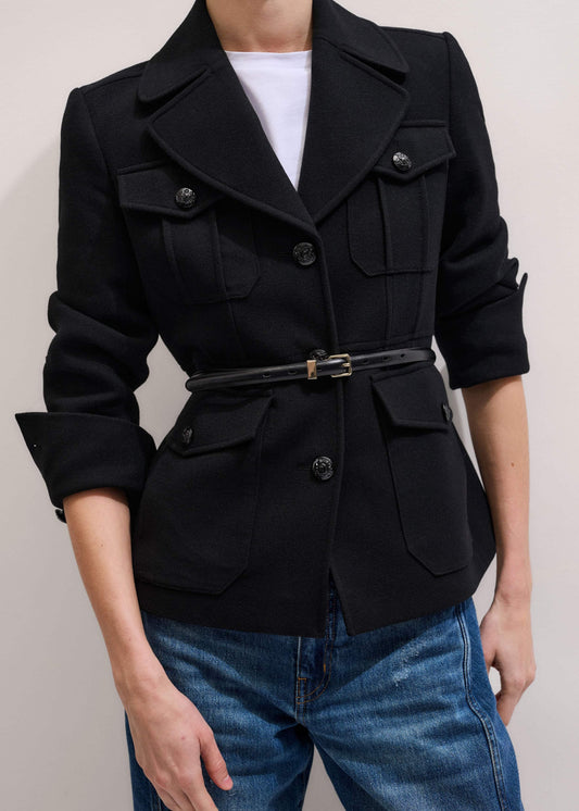 Black Longline Fitted Military Jacket