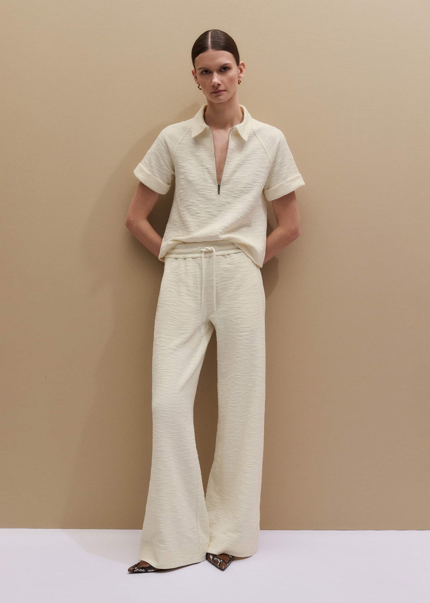 Cream Wide-Leg Track Pant