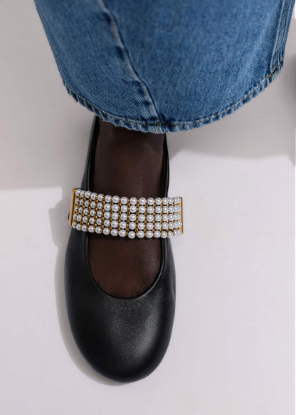 Black Pearl Trim Round Ballet Flat
