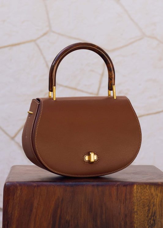 Dark Tan Resin Top Handle Structured Saddle Bag