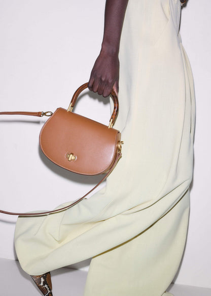 Dark Tan Resin Top Handle Structured Saddle Bag