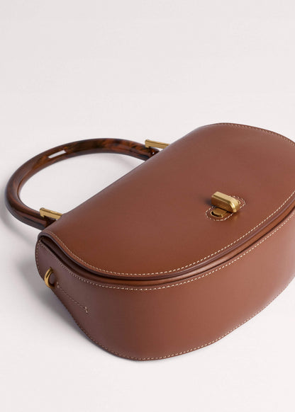 Dark Tan Resin Top Handle Structured Saddle Bag