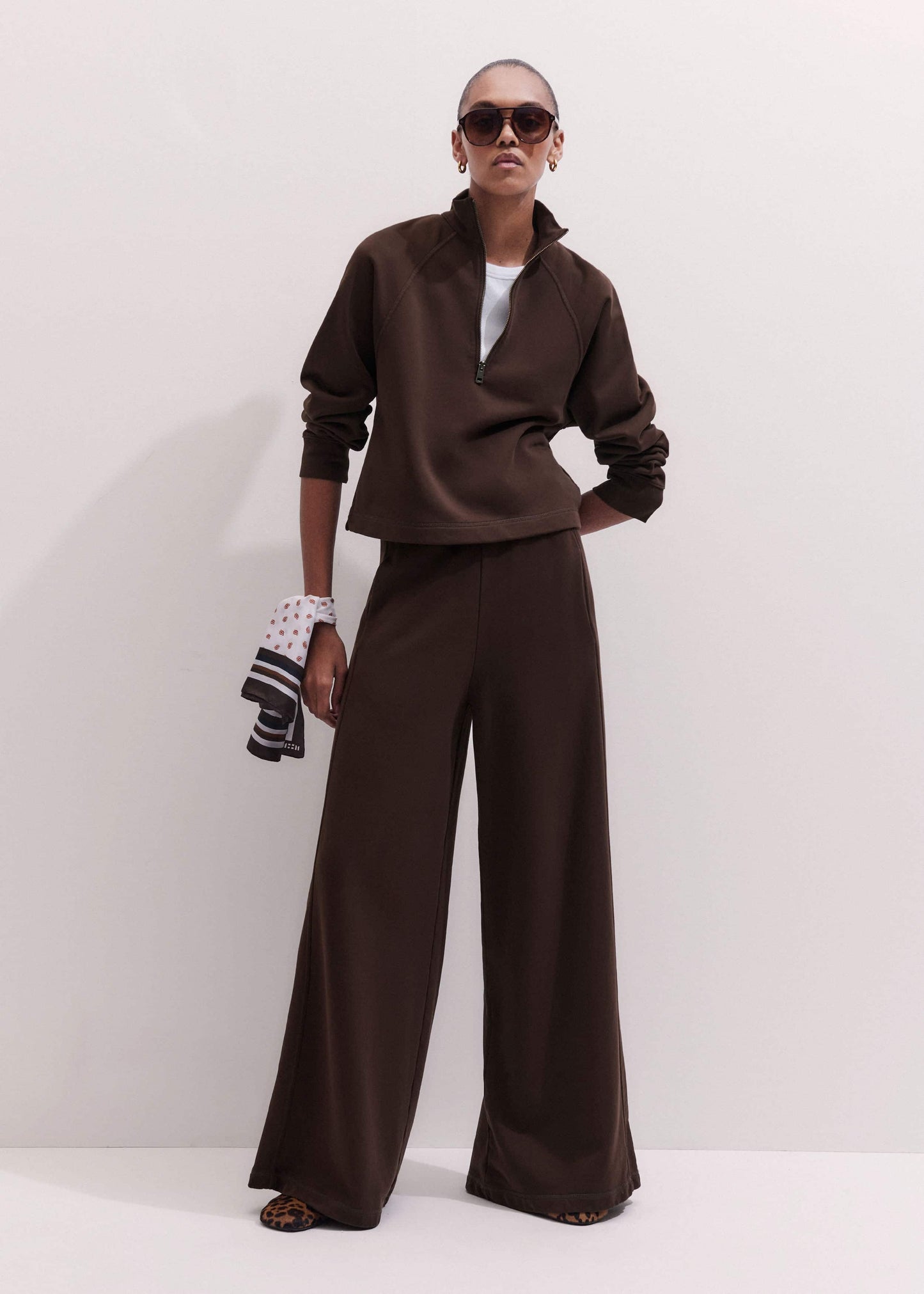 Brown High Zip Neck Crop Top + Wide-Leg Track Pant Co-ord