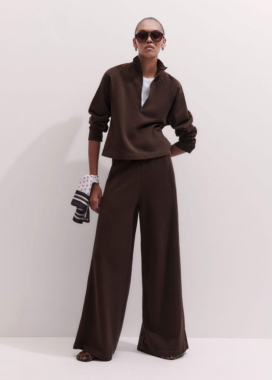 Brown High Zip Neck Crop Top + Wide-Leg Track Pant Co-ord