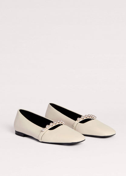 Off White Faux Pearl Square Toe Ballerina Flat