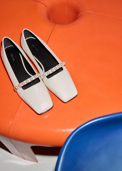 Off White Faux Pearl Square Toe Ballerina Flat