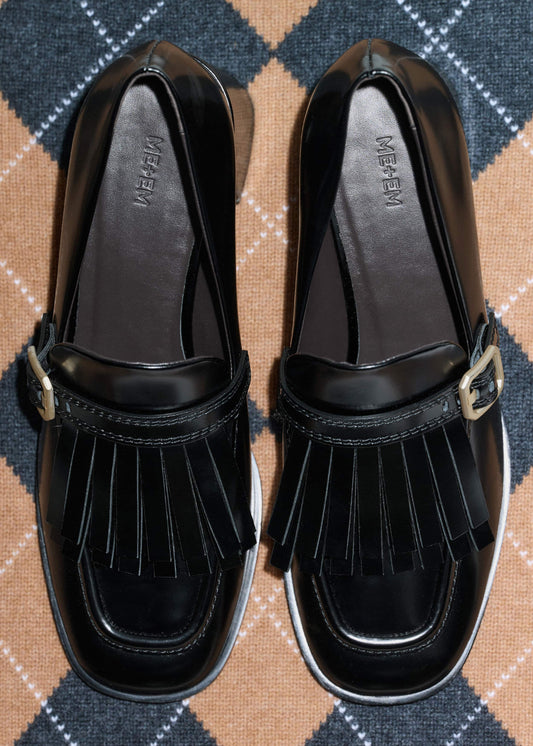 Black Fringe Block Heel Loafer