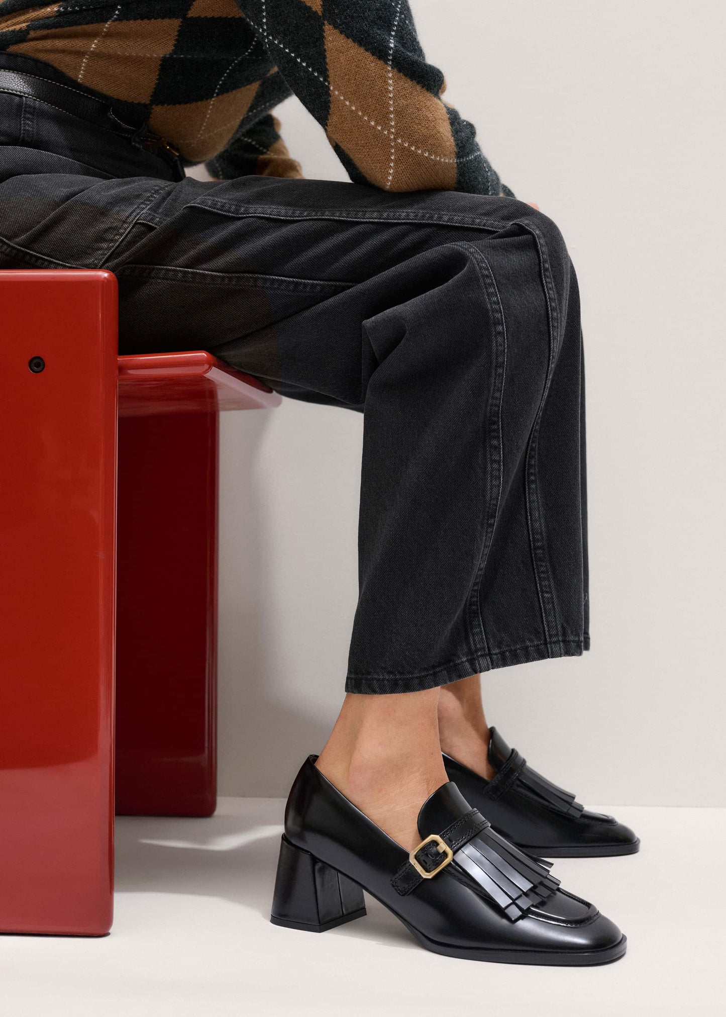 Black Fringe Block Heel Loafer