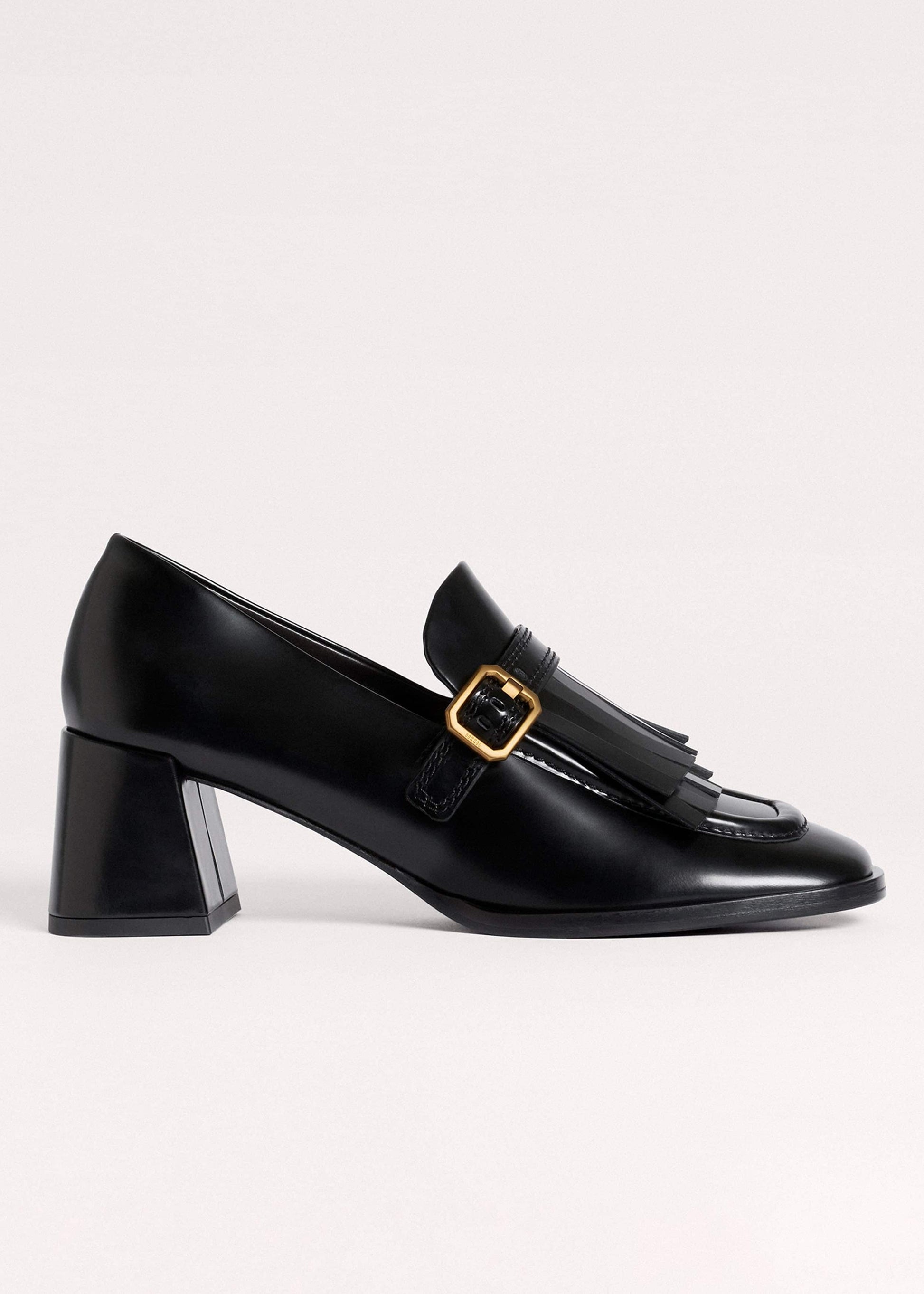 Black Fringe Block Heel Loafer