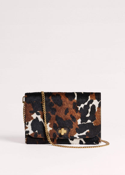 Brown Leather Cow Print Envelope Clutch Bag