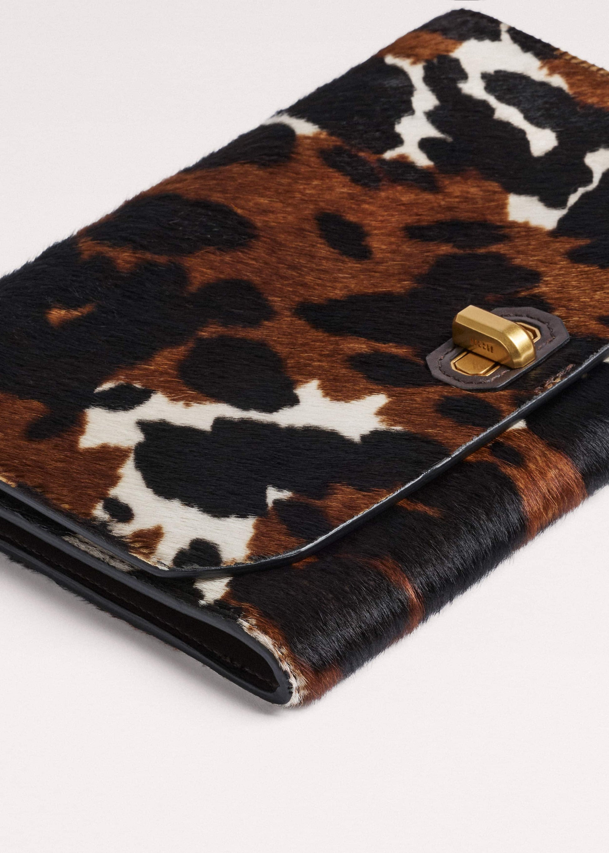 Brown Leather Cow Print Envelope Clutch Bag