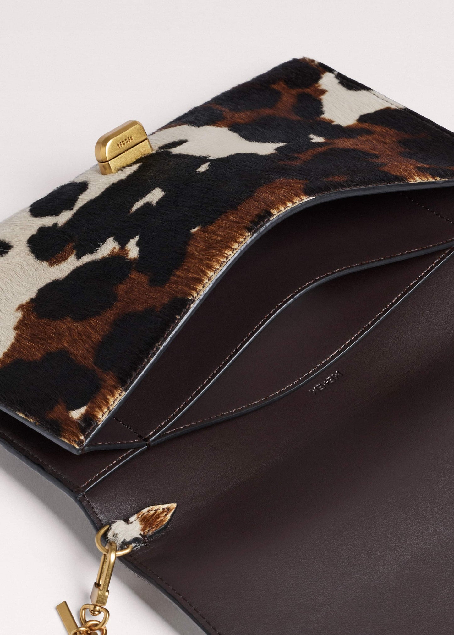 Brown Leather Cow Print Envelope Clutch Bag