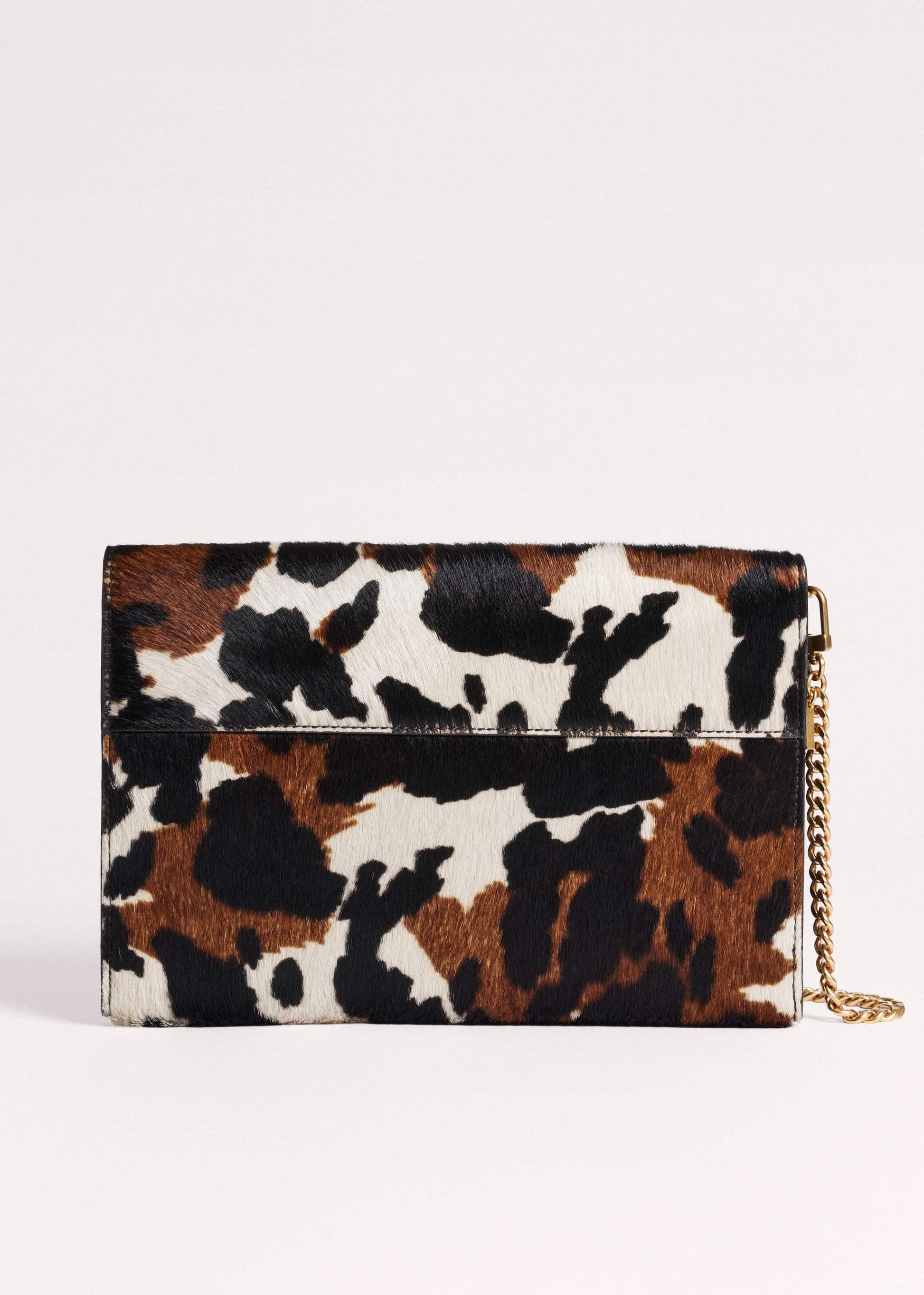Brown Leather Cow Print Envelope Clutch Bag