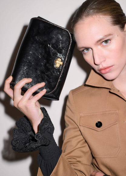 Black Leather Clutch + Crossbody Bag